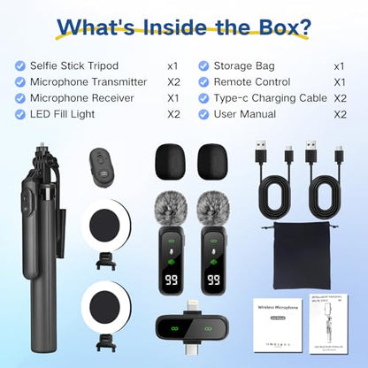 Content Creator Vlogging Kit,180CM Metal Selfie Stick Tripod with Light and Wireless Microphones,Vlogging Kit for iPhone/Android,Phone Tripod for Tiktok &YouTube Starter Kit - color: Black-SM