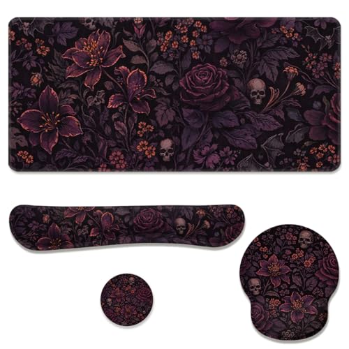 Dark Floral Desk Mat Set Gothic Skull Rose Large Mouse Pad with Wrist Rest 4in1 Desk Mat for Desktop Ergonomic Computer Desk Arm Wrist Anti-Slip Computer Ergonomic Mouse Pad Home Office Gaming - color: Dark Floral