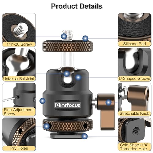 MINIFOCUS Metal Ball Head Camera Mount 360 Rotating with 1/4" Screw and Cold Shoe Adapter, 11lbs/5kg Load for 1/4" Tripod, Monopod, DSLR, Flash, Cell Phone Holder, Action Camera - color: S3017