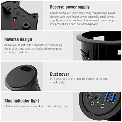 ineo Grommet Desk-Fit (Diameter 2.3" to 2.4") 2Type A + 2Type C with 3.5mm Audio Mic Jack + 3.2" Expandable case (Power is not Included)[THC06 - VI Plus]