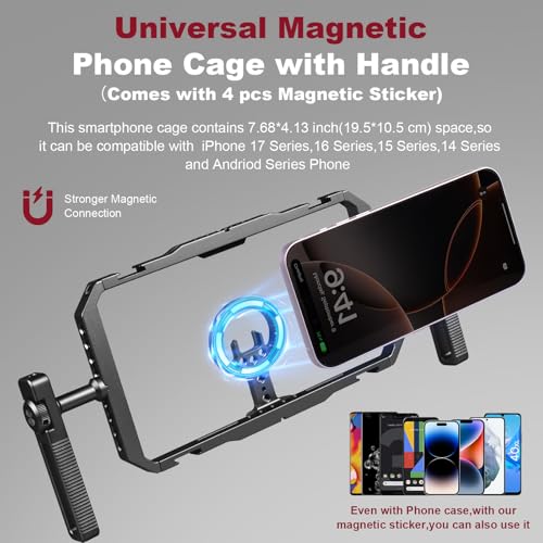 Magnetic Phone Cage with Handle,Smartphone Cage Kit with 360° Rotation Handgrip and Magnetic Sticker for Photography,Compatible with iPhone 17/16/15/14/13 Series and Andriod Phones (Black) - color: Black
