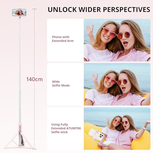 ATUMTEK 55" Selfie Stick Tripod, All-in-one Extendable Aluminum Phone Tripod with Rechargeable Bluetooth Remote for iPhone and More, Fitting 4.7-7 inch Smartphones, Pink