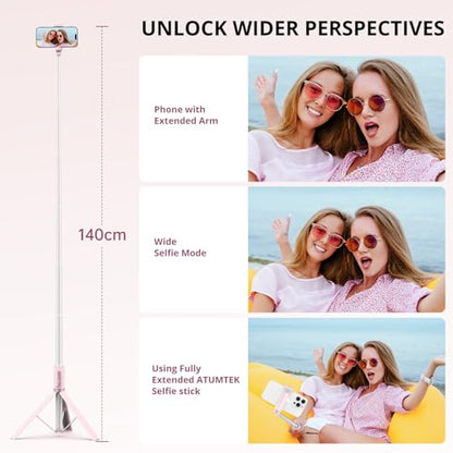 ATUMTEK 55" Selfie Stick Tripod, All-in-one Extendable Aluminum Phone Tripod with Rechargeable Bluetooth Remote for iPhone and More, Fitting 4.7-7 inch Smartphones, Pink