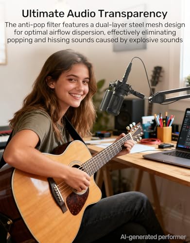 Custom AT2020 Microphone Shock Mount with Metal Pop Filter, Anti-Vibration Suspension Shock Mount Mic Holder Clip Compatible with Audio Technica AT2020 AT2035 AT2020USB ATR2050 AT3035 AT3060 Mic