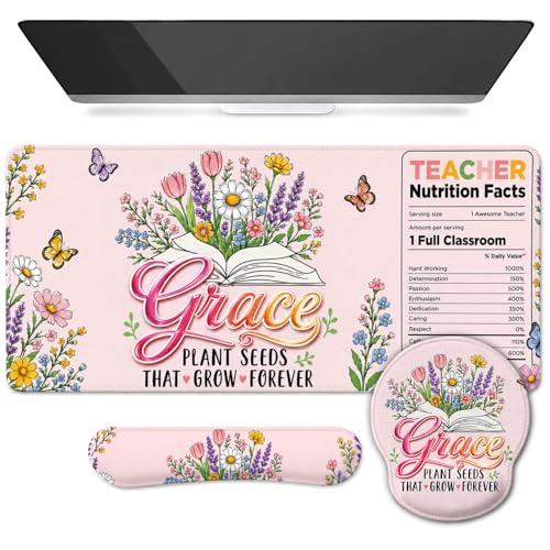 Teacher Nutrition Facts Desk Mat and Wrist Rest Set - Composition Book Large Mouse Pad with Ergonomic Keyboard Support, Cute Classroom Decor, Appreciation Gift - color: Teacher Nutrition Facts 2