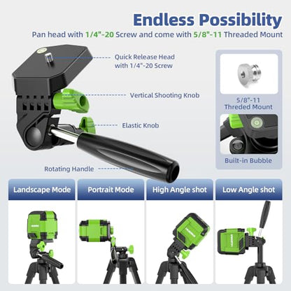 Huepar 60-Inch Lightweight Tripod Portable Adjustable Tripod for Laser Level with 3-Way Swivel Pan Head, 2 Bubble Levels, 1/4" and 5/8" Thread Mount for Varieties Tools, Only for Indoor Basic Work - size: 60-Inch