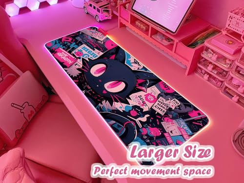 JMIYAV Pink RGB Gaming Mouse Pad 31.5x12 Inch PC XL Large Extended Glowing Led Light Up Desk Pad Non-Slip Rubber Base Computer Cute Mousepad Mat Desk Accessories Gaming Setup 104 - color: Cyber Meow