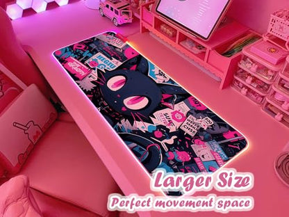 JMIYAV Pink RGB Gaming Mouse Pad 31.5x12 Inch PC XL Large Extended Glowing Led Light Up Desk Pad Non-Slip Rubber Base Computer Cute Mousepad Mat Desk Accessories Gaming Setup 104 - color: Cyber Meow
