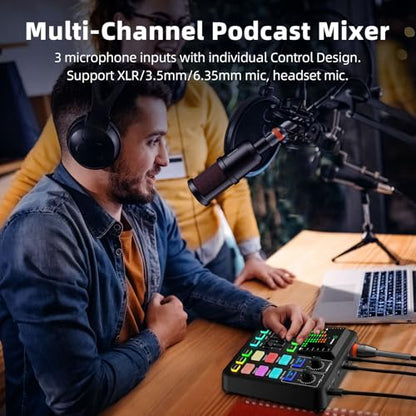 PUPGSIS Gaming Audio Mixer, Audio Interface for PC/Podcast/Streaming, Sound Board with 3.5mm/XLR Mic Input, 48V Phantom Power, Voice Changer, Live Sound Card with DJ Mixer Effects/Bluetooth/4 Channel - color: Black