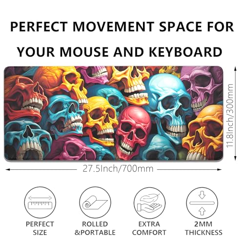 Scary Skeleton Mouse Pad Desk Pad,Colourful Skull Extended Gaming Mouse Mat with Stitched Edges Non-Slip Waterproof Rubber Base Mous Mat for Office Home Game Desk Pad(27.5X11.8 in) - color: Scary Skull Skeleton