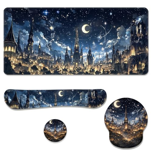 Midnight Castle Desk Mat Set Fantasy Sky Large Mouse Pad with Wrist Rest 4in1 Desk Mat for Desktop Ergonomic Computer Desk Arm Wrist Anti-Slip Computer Ergonomic Mouse Pad Home Office Gaming - color: Midnight Castle