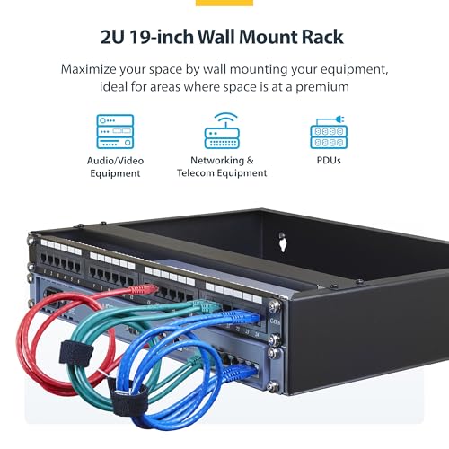 StarTech 2U 19in Wall-Mount Network Rack, 14in, 77lb (RACK-2U-14-BRACKET) | Low-profile shallow rack, M6 screws and cage nuts, Fits gear up to 12in deep, Rear cable slot, Steel - size: 2U