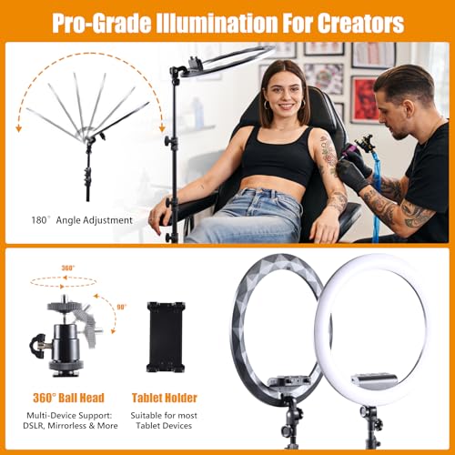 Large Ring Light with Stand for iPhone iPad, 19" Professional Ring Light Tripod with Wheels, 3 Phone Holders & 1 iPad Holder, Big Ringlight Rolling for Photography, YouTube, TikTok, Video Recording - size: 19inch White