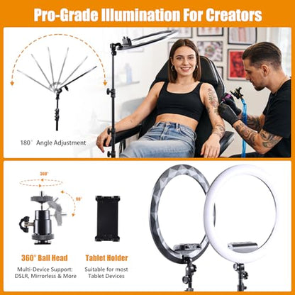Large Ring Light with Stand for iPhone iPad, 19" Professional Ring Light Tripod with Wheels, 3 Phone Holders & 1 iPad Holder, Big Ringlight Rolling for Photography, YouTube, TikTok, Video Recording - size: 19inch White