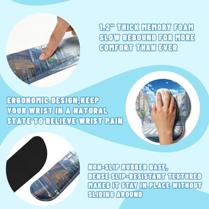 Anime Tokyo Desk Mat Set Summer City Large Mouse Pad with Wrist Rest 4in1 Desk Mat for Desktop Ergonomic Keyboard Wrist Support Anti-Slip Computer Ergonomic Mouse Pad Home Office Gaming - color: Anime Tokyo