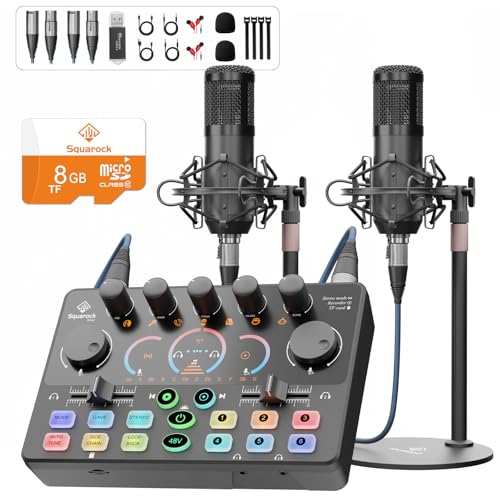 Podcast Equipment Bundle for 2, Audio Interface with 8GB Memory Card and XLR Condenser Microphones,Stereo,Denoise, RGB,Built-in Recorder, 48V Phantom for Streaming,Podcast Recording,Gaming(RS2i2) - color: Two condenser mics bundle
