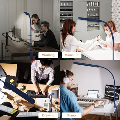 SKYLEO LED Desk Lamp - Desk Light for Home Office - Flexible Gooseneck - 5 Color Modes X 11 Brightness Levels - 1300LM - Timmer & Memory Function - 12W Clip on Light - Blue - style: Blue gooseneck