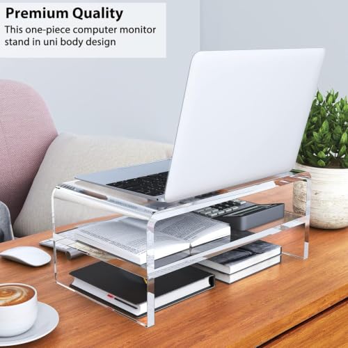 Egchi Acrylic Monitor Stand Riser, 2 Tier Clear Computer Monitor Stand for Home Office Business, PC Desk Stand Monitor Riser for Keyboard Storage, Laptop, Printer and TV Screen -12x7.2x5.12 inches - size: 12''x7.3''x5.12''-2 Tiers