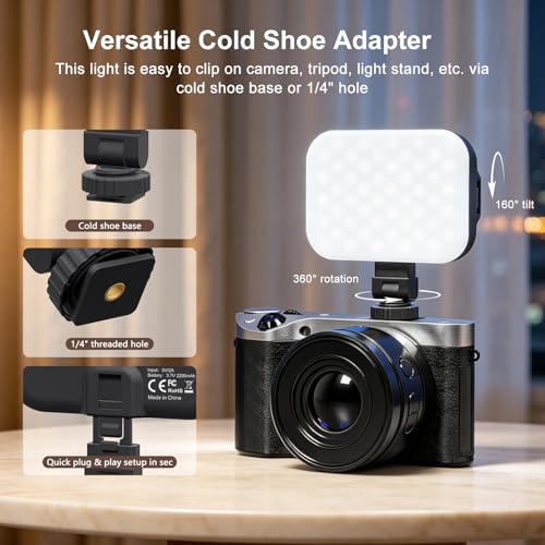 Selfie Light, 60 LED Rechargeable Video Lighting, Portable Video Conference Light w Clip & Camera Hot Shoe Mount Adapter, 2200mAh Battery CRI97+, Clip-On Fill Lights for Phone Webcam Laptop Camera
