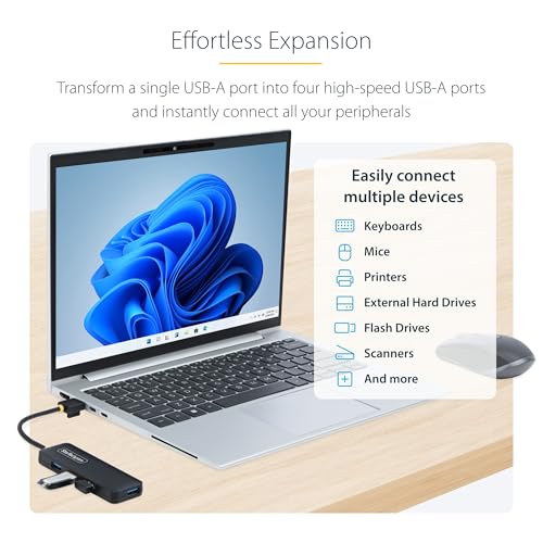 StarTech 4-Port USB-A Hub 5Gbps with 5in/13cm Cable, iMac (H5A4A-USB-HUB) | USB 3.0 data transfer, USB Powered, Travel mini, Portable multi-port splitter, Windows PC, MacBook, Chromebook, Surface - size: 0.4 ft, style: USB-A