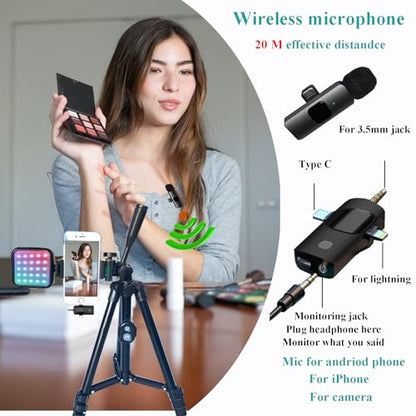 for iPhone Vlogging Kit, Vlogging Kit for Andriod Phone with Two Tripods RGB Light Lavalier Microphone Remote for YouTube Tiktok Content Creator - size: With Wireless Mic