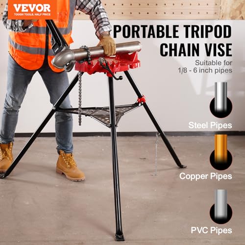 Mophorn 460-6 Tripod Pipe Chain Vise 1/8"-6" Capacity,Pipe Stand Portable Foldable Steel Legs,Pipe Stands w/Tool Tray, Tripod Stand Chain Vise Ideal for a Variety of Pipe Materials
