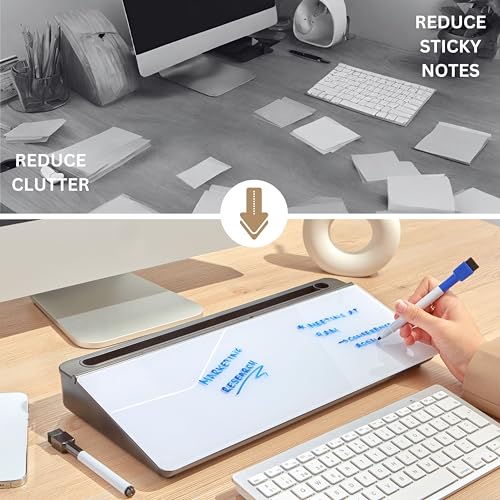 GAROOD Desktop Dry Erase Board with Storage (Black Base) Desk White Board Desk Board Glass Desktop White Board with Stand Home Office Organizer Phone Holder 15.8X7X2 inches - color: Black Base + Whiteboard