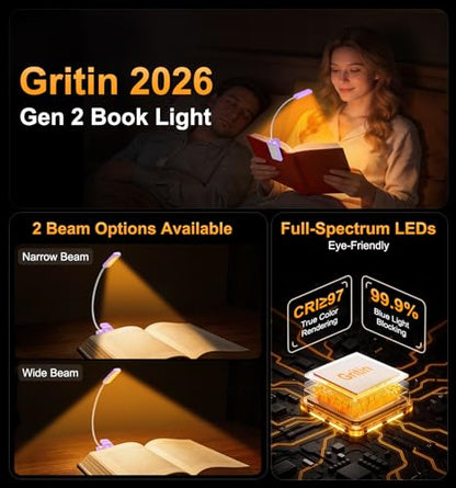 Gritin 2026 Gen 2 Book Light for Reading- 30 Eye Caring Full Spectrum LED | 5 Colors & 5 Brightness, Adjustable Wide/Narrow Beam, Upgrade 1500mAh Long-Lasting Rechargeable Clip on Light-Purple - color: Purple