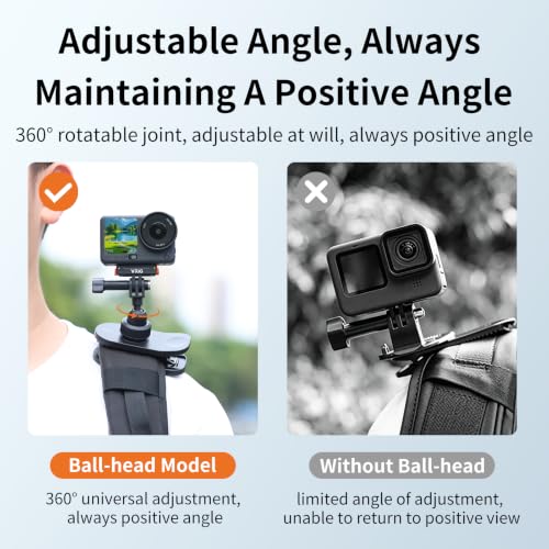 VRIG Backpack Strap Mount for Action Camera, 360 Ball Joint Backpack Shoulder Clamp Mount for Go Pro Hero 13 12 11 10 9 Black, DJI Osmo Action 6/5 Pro/ 4/3 (AC-89 Ball-Head) - size: AC-89 Ball-head
