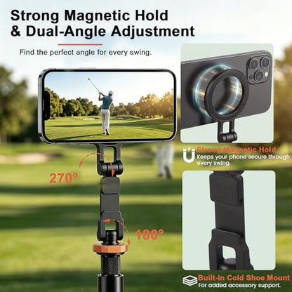 Golf Tripod, Golf Phone Stand for Swing Recording, Magnetic Golf Phone Holder with Ground Spike & Tripod Base, Adjustable Golf Stand for iPhone, Cameras & Action Cameras, Compatible with MagSafe