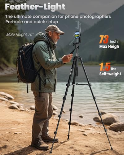 CAMBOFOTO 73"-Phone-Tripod-with-Horizontal-Overhead, Selfie Stick/Tall Travel Stand with Wireless Remote and iPhone Holder, Mirrorless/Compact/GoPro/Camera/Compatible/iPhone/Smartphone