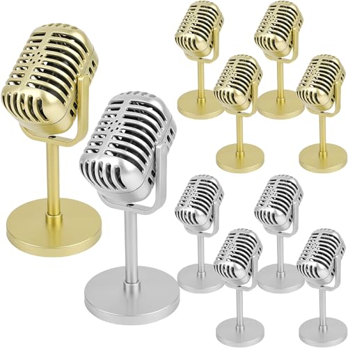 10 Pack Retro Microphone Props Fake Microphone Model with Stand Classic Vintage Plastic Antique Mic Table Decor for Halloween Party Decoration Rock Hip Hop Music Prop Pretend Play (Golden and Silver) - color: Golden, Silver