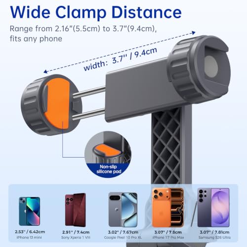 SYNCWIRE Tripod Phone Mount, Universal Smartphone Mount Adapter with 2 Cold Shoe and 1/4" Screw, 360° Rotates and 180° Tilts Adjustable Cell Phone Clamp Holder for Enhancing Mobile Photography Setup - color: Gunmetal Gray