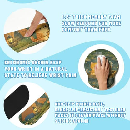 Cute Cat Desk Mat Set Cozy Camping Large Mouse Pad with Wrist Rest 4in1 Desk Mat for Desktop Ergonomic Computer Desk Arm Wrist Anti-Slip Computer Ergonomic Mouse Pad Home Office Gaming - color: Cute Cat