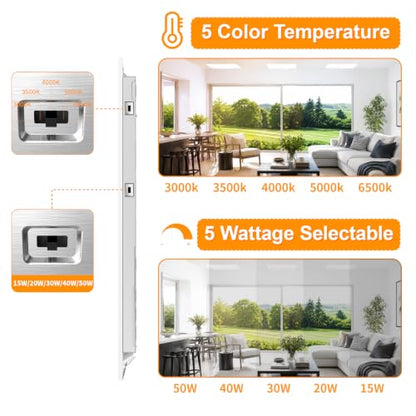 4 Pack 2x2 LED Flat Panel Light Drop Ceiling Office Fixture 5 CCT 3000K-6500K Adjustable & 5 Wattage 15W-20W-30W-40W-50W Selectable, 0-10V Dimmable，led Drop Ceiling Flat Panel troffer Light - size: 2x2 4PACKS