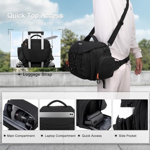 MOSISO Camera Bag, Photography Shoulder Messenger Waist Bag for DSLR/SLR/Mirrorless Cameras, Padded Flap Camera Case with Rain Cover&Front Elastic Cord&BottomTripod Holder for Canon/Nikon/Sony, Black
