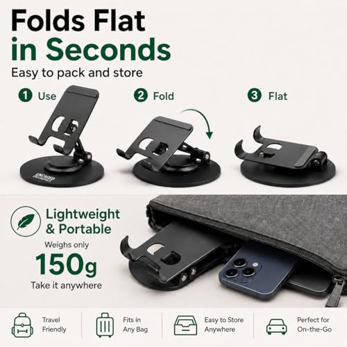 Uncaged Ergonomics 360° Swivel Rotating Adjustable Phone Stand for Desk, Portable & Foldable Cell Phone Stand for Desk, Compact Mobile Stand for Tabletop, Office, Kitchen & Bedroom (Black)
