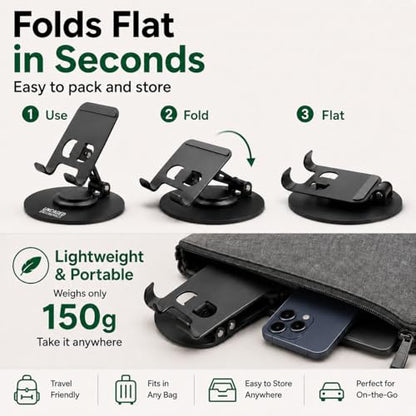 Uncaged Ergonomics 360° Swivel Rotating Adjustable Phone Stand for Desk, Portable & Foldable Cell Phone Stand for Desk, Compact Mobile Stand for Tabletop, Office, Kitchen & Bedroom (Black)