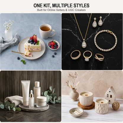 Product Photography Backdrops Kit, 16.5 x 11.7 inch, 22 Designs | 11 Double-Sided Photo Backdrops with 4 shadow props for food photography, jewelry, handmade products and UGC content.
