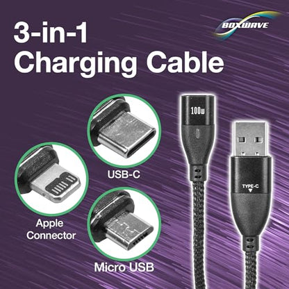 BoxWave Cable Compatible with OM System Tough TG-7 - MagnetoSnap PD AllCharge Cable (100W), Magnet Charging Braided USB Type-C Micro - Jet Black