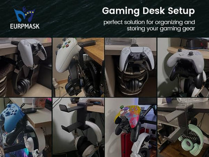 3in1 Rotating Headphone Holder - EURPMASK 3in1 PC Gaming Headset Holder w/Detachable Controller Holder, Adjustable Clamp-on Headset Stand,Headphone Hanger Hook Under Desk w/Cable Clip Organizer - color: Gaming Combo White