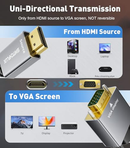 HDMI to VGA Adapter Cable 3FT [Metal Case, Nylon Cable] 1080P@60Hz HDMI Male to VGA Male Uni-Directional Braided Cord for Computer, Laptop, Monitor, Roku, Xbox, Graphics Card More - size: 3FT