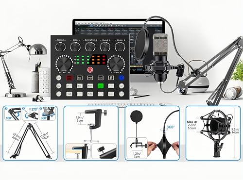 BM-800 Podcast Equipment Bundle, Voice Changer Microphone Kit with Stand, Professional Recording Studio Package for Live Streaming (Black)