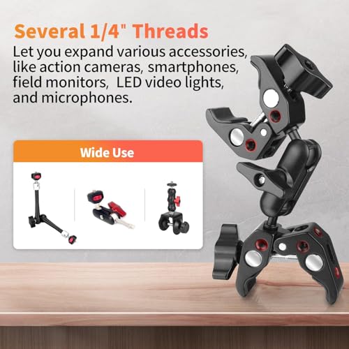 Double Super Clamp Camera Mount, Umbrella Holder Bracket with 360° Ballhead Magic Arm for Pole, Tripod Clamp Mount for Cross Bar, Light Stand, Strollers, Photo Boom Stand, Reflector, Chair