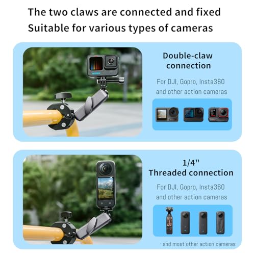 Clamp Camera Mount, Bike/Bicycle/Motorcycle Handlebar Mount for DJI camera | Action 6/5 Pro/4 3/Osmo Nano/Hero 13 12 11 10 9 8 7/Insta 360 X4 X5, with 360° Dual Ball Head, 1/4" Thread Interface Arm