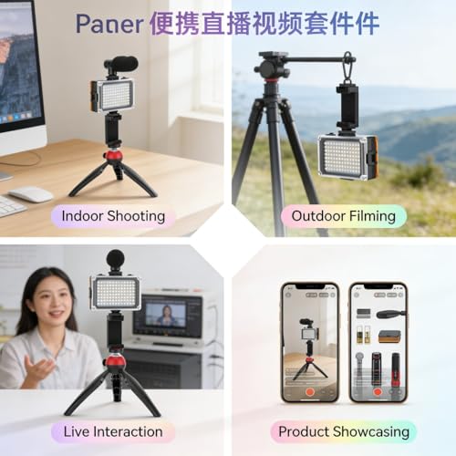 Portable Mobile Phone Photography Kit with Fill Light Microphone Tripod Red - Compact Vlogging Microphone Kit, Recording Equipment for Content Creator and Live Streaming (Red)