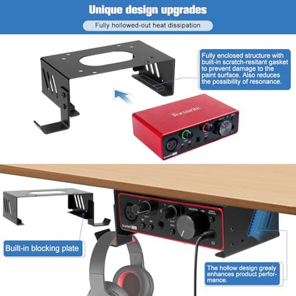 Metal Under Desk Mount and Wall Mount for Focusrite Scarlett Solo 3rd/4th Gen with Adjustable Headphone Hanger Stand, Metal Under Desk Mount for Audio Interfaces and Studio Gear (Black Holder Only)