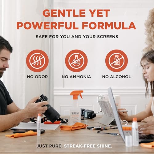 WHOOSH! Pro 16.9 fl oz Refillable TV Screen Cleaner & Microfiber Cloth - Streak-Free Cleaner for Flat Screens, OLED, LCD, Smart TV, Monitors - Non-Toxic, Odorless - Electronics Cleaning Kit - size: 16.9 Fl Oz (Pack of 1)