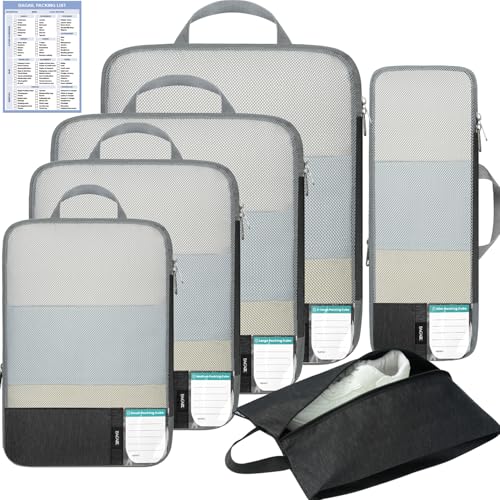 BAGAIL 6 Set Lightweight Compression Packing Cubes with Packing List, Anti-Tearing Expandable Organizer Bags for Travel, Black - color: Black