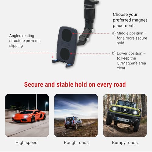 Lounge-IT Car Phone Holder, Magnet+NoSlip Rests, 2-mounts-in-1 Mirror+Vent Mount, Works with iPhone, Samsung Galaxy, Pixel, Motorola, etc, Black